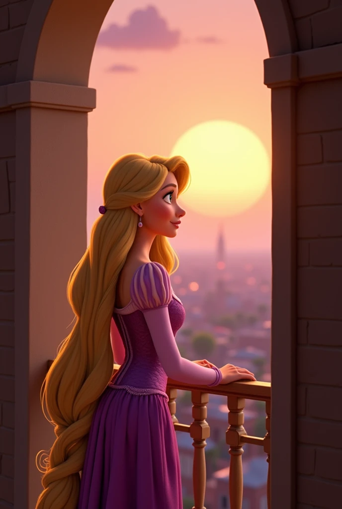 Create a picture of the princess rapunzel who is standing on her balcony as shown in the movie tangled the animation should be same as the movie and also make her look beautiful and her eyes should be hopeful and also the scene should be from the front vie...