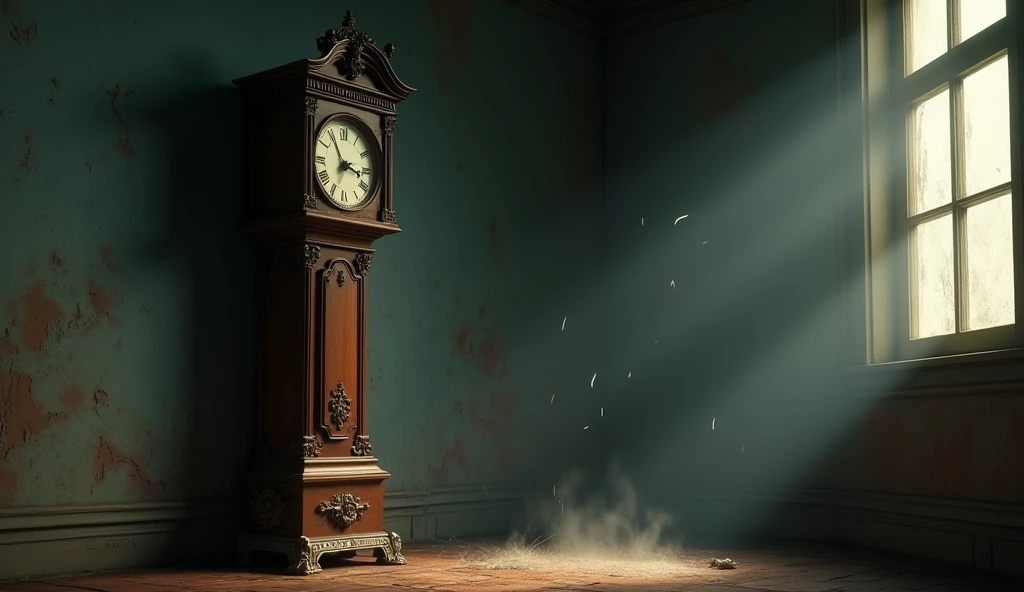 A dimly lit room with an old, grand grandfather clock standing against a peeling wall. The clock’s hands are stuck at midnight, and cobwebs hang from its ornate carvings. Dust particles float in the faint beam of light filtering through a cracked window. 3...