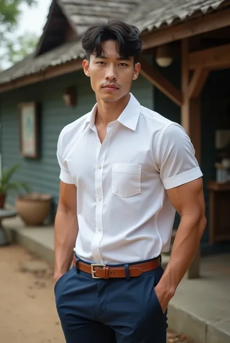 Real Picture, Realistic, Natural Light ,17-Year-Old Handsome Korean Man Seduces Muscular Big Arm Muscles,  wearing a short-sleeved white shirt with a right pocket, Neat Buttoned , Dark blue shorts,  brown belt , แบบชุดนักเรียนมัธยมชายประเทศไทย stands takin...