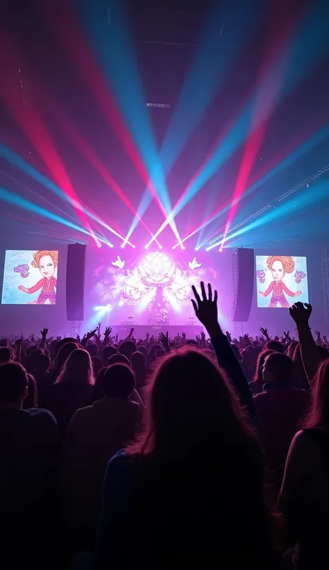  large-scale music festival scenes 。There are DJs on stage 、 The surroundings are flashy lights and laser beams intersect 。The audience is cats。 raising their hands and getting excited 、 There are several large screens in the background、 artwork and visual...