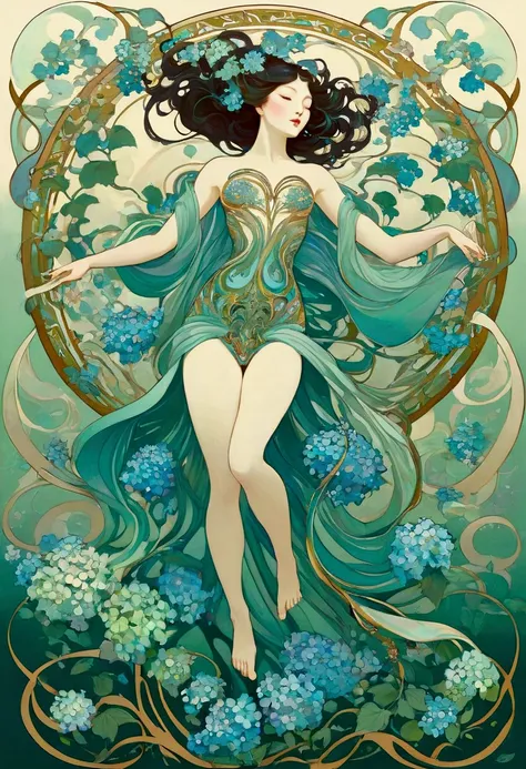 Hallucinatory, Tsuruta Ichiro Style Beauty Painting , Hypnotic Patterns , Abstract, Euphoric,  Fluid Shapes , Art Nouveau Painting ,  jewelry, Hydrangea,  flat illustration .  negative space in the shape of a dancing womans body. goddess, whole body, Mucha...