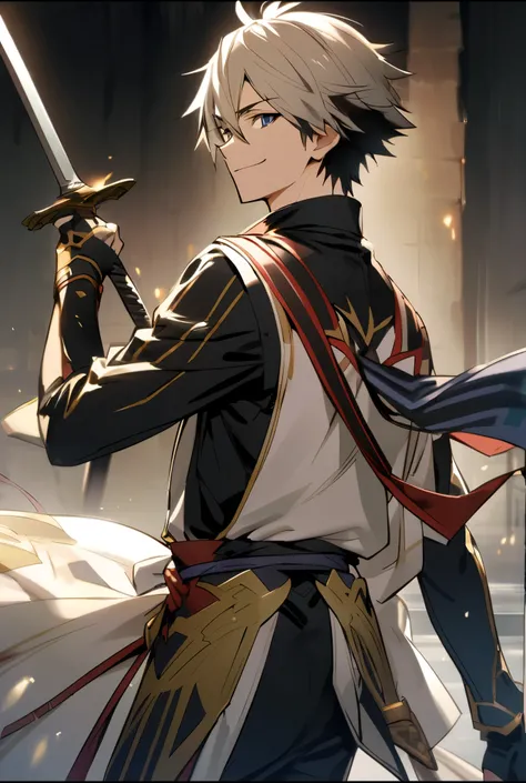 A cool Japanese protagonist、 boys、18 years old、Fantasy Uniform、sword、smile、A sword stuck in the lower back、Cool face