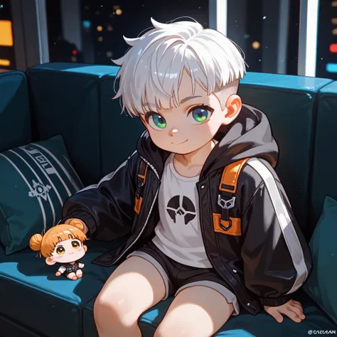 "A young boy with bright white hair , pixie cut , bright skin, and the soft expression , wearing future clothing. Black hood .  The boy sitting.  The background is plain black ,  gives full focus to the character of the boy ,cute chibi."