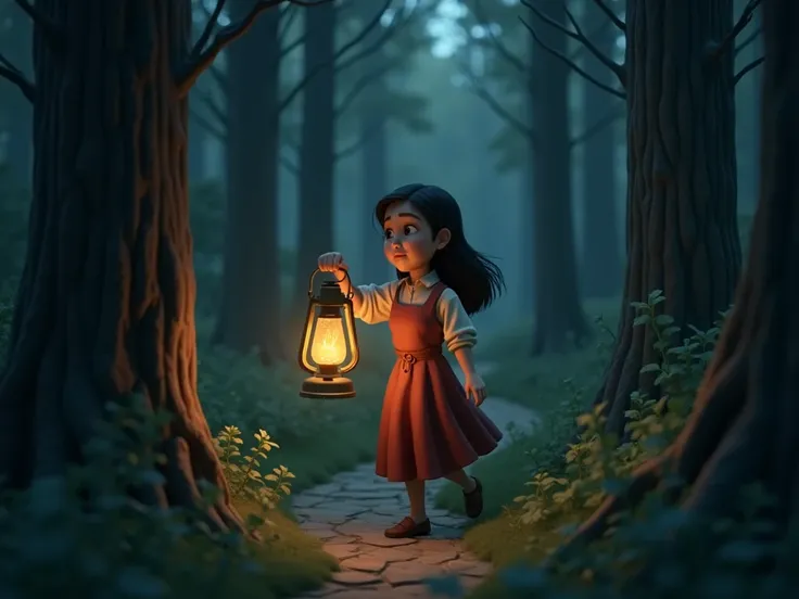 Appearance remains the same. She holds her lantern high, illuminating her path.

[Action: Zara walks cautiously, glancing around as the forest grows darker.]

Narration: "As the sun set, Zara ventured into the forest, her lantern casting a warm glow. The a...