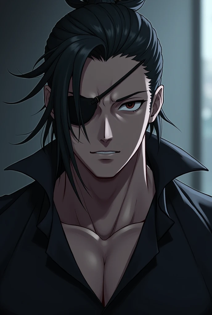 Butler with eye patch tied up hair anime male muscular