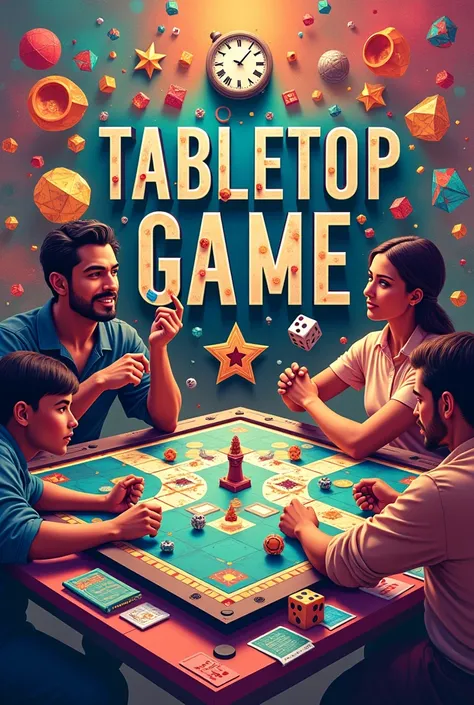 A dynamic and eye-catching poster design for a tabletop game exhibition, featuring an exciting and colorful display of popular board games. The scene showcases an array of intricately designed game boards, dice, cards, and miniatures in vibrant, bold color...