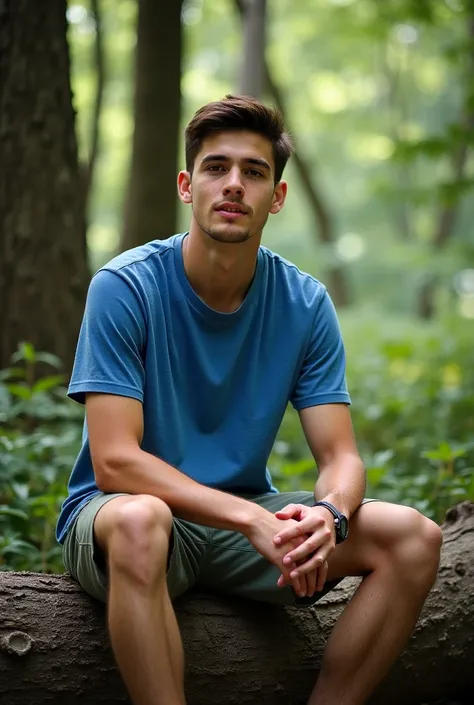 A young man dressed in a blue T-shirt is sitting on a tree trunk 