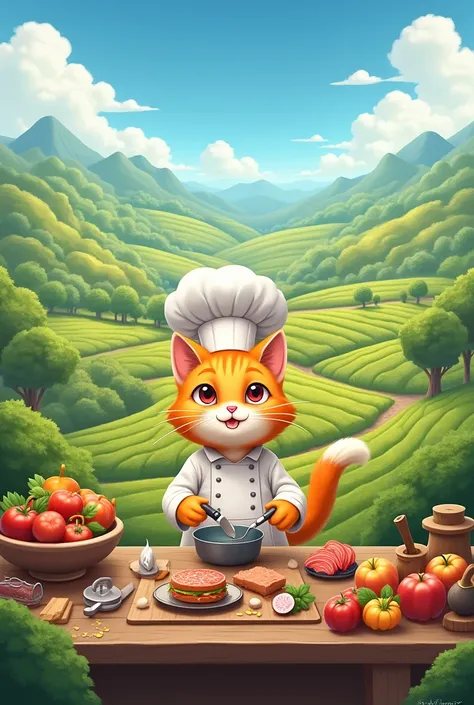 A cat cooking in the middle of agriculture will have pictures in addition to the name Chef cat. It is a bright name and the cat will be in a large area 