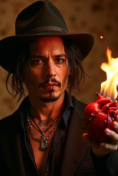 Johnny Depp extremely handsome attractive with a seriously challenging look ,  boho clothing with a sophisticated country hat looking young 30 years old in a setting of a rustic cave-shaped bedroom with several runes and sophisticated. Hes manipulating the...