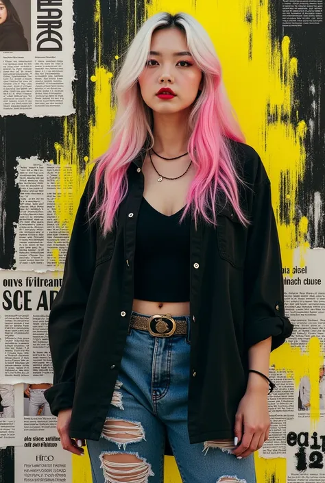 A captivating, vibrant, and conceptual art piece featuring A beautiful Korean woman chubby, plump chubby with smooth white skin, well-groomed face, long mixed white, pink hair. wearing a black long-sleeved shirt rolled up at the elbows, trendy street  styl...