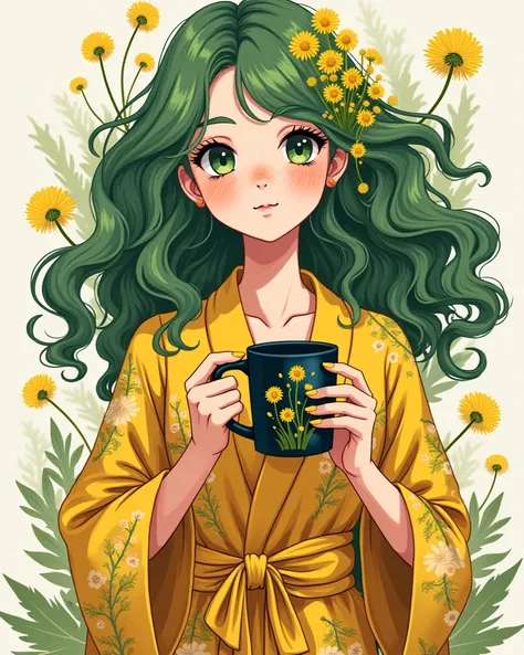 "A vibrant anime-style illustration of a young woman with voluminous, curly green hair intertwined with dandelions and small yellow flowers, symbolizing a deep connection to nature. She has striking green eyes and a sprinkle of freckles across her cheeks, ...