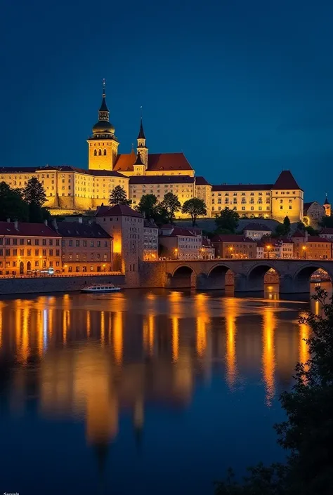 The Old Town at Night : " A painting of a beautiful night scene ,  depicts the Old Town with its lights on.  The historic buildings look magnificent ,  and the river flowing quietly under the bridge ."