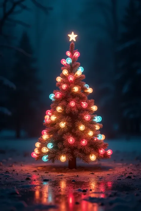 christmas card dark background On top of the inscription is a Christmas tree made of Christmas glowing bulbs