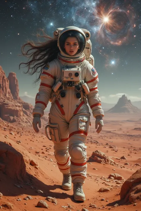 Luciano Lozano, Richard Doyle, John Bauer, Jack Davis, Marc Burckhardt, Surrealism, wonder, strange, bizarre, fantasy, Sci-fi, Japanese anime, tuna fishing on Mars, beautiful girl in a space suit, perfect voluminous body, pale red and blue sky, nebula, det...