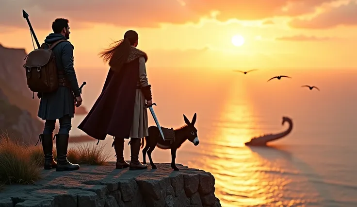 A male and female adventurer looking at the sunrise over the sea from a cliff, fur and leather equipment, a leather backpack, an elegant short sword, fluttering hair, a cloak, and a leather bag on his back for carrying luggage. A donkey is nearby, detailed...