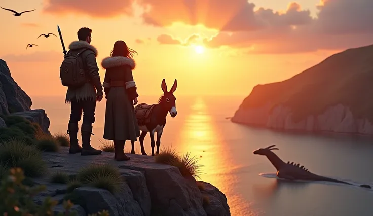 A male and female adventurer looking at the sunrise over the sea from a cliff, fur and leather equipment, a leather backpack, an elegant short sword, fluttering hair, a cloak, and a leather bag on his back for carrying luggage. A donkey is nearby, detailed...