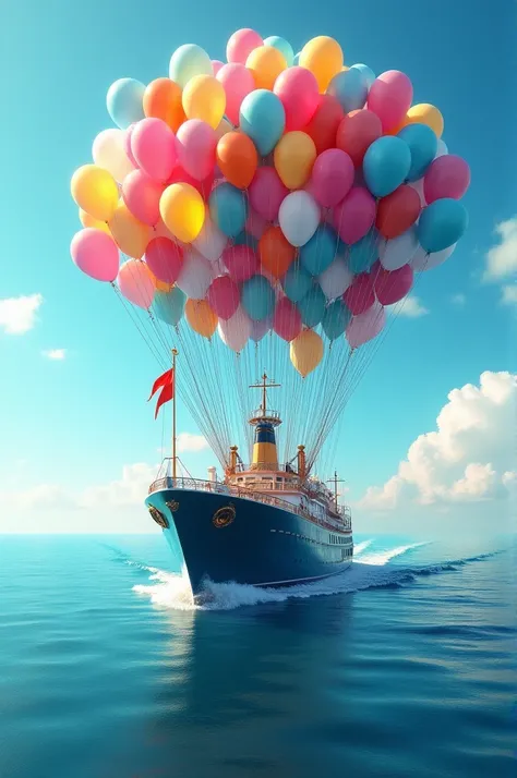 a big boat on the sea with many colourful balloons. it was beautiful day, sea was blue. and the boat was so close to me