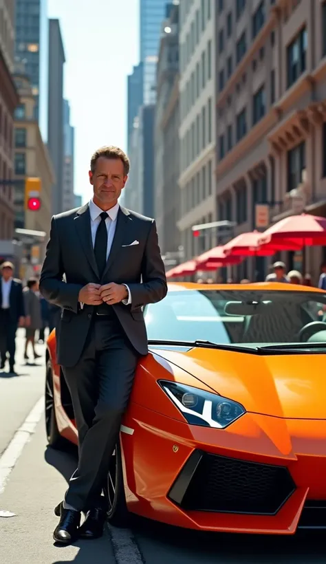 Create a millionaire next to a lamborgini car on a sunny afternoon in New York. 