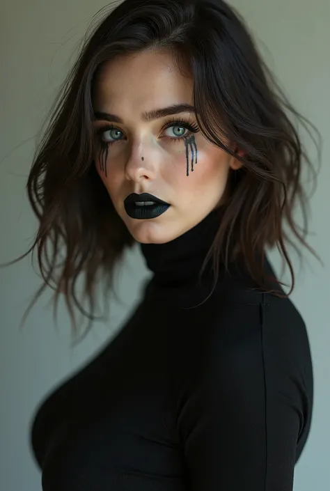 Curvy woman, brown hair in a bob, beautiful light gray eyes. She has black marks in the form of thin lines that extend from her eyes down her cheeks, like black tears. With black lipstick.