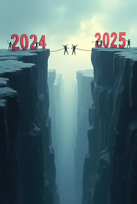 There are two mountains. On the mountain on the left, a sign saying 2024 is prominently displayed. On the mountain on the right, a sign saying 2025 is prominently displayed. There is a vast chasm between the two mountains. People jump from mountain 2024 to...