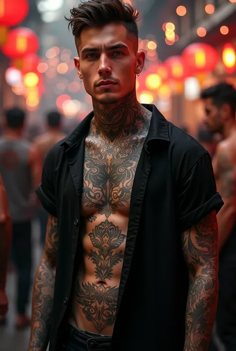 Young Man with tatto all body
With open black T-shirt
Background new year
