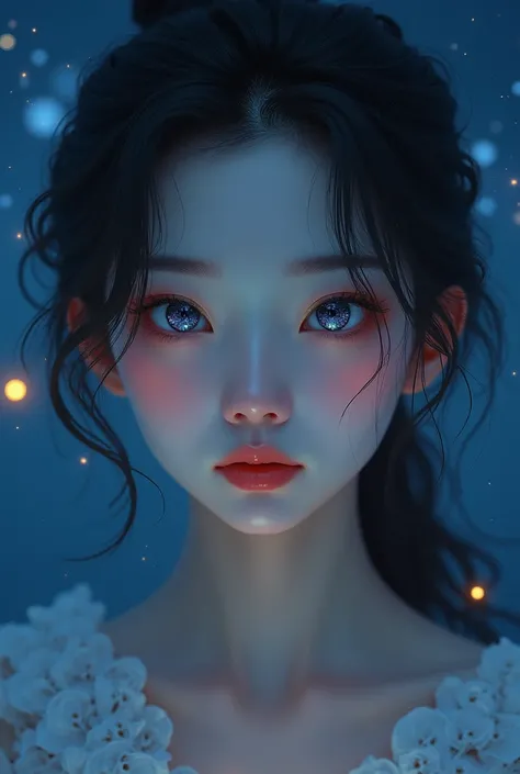 Beautiful Asian woman with glass eyes on the background of the night sky and a little yellow light