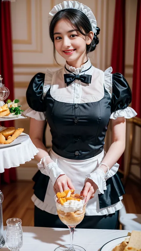 ((1 Beautiful Maid,Adult maid,20yr old,bulging belly,victorian maid, black and white maid uniform,Maid clothes with frills,Luxury Maid Clothing,short skirt, Victorian Maid Costume,Wearing maid clothes,The background is the VIP room,Rooms in the mansion,man...