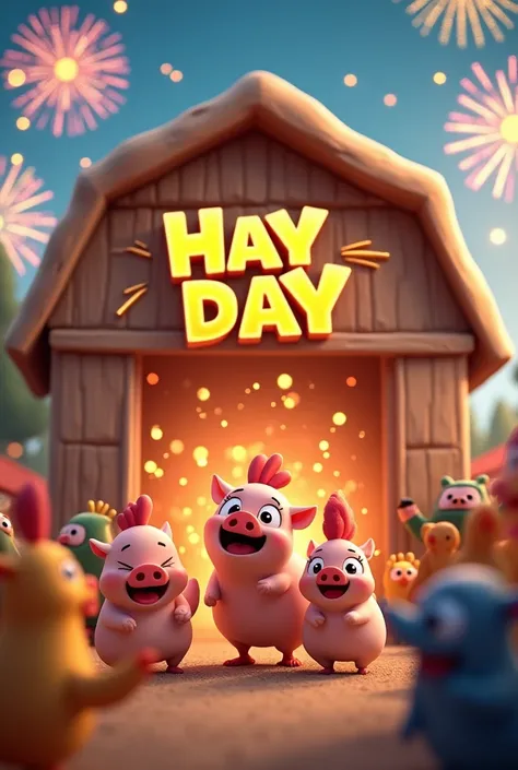 Make picture of hayday game welcome New year ,showing happy animal , best farm , storage fill of fireworks light, Logo hayday in background HAYDAY CAMBODIA 