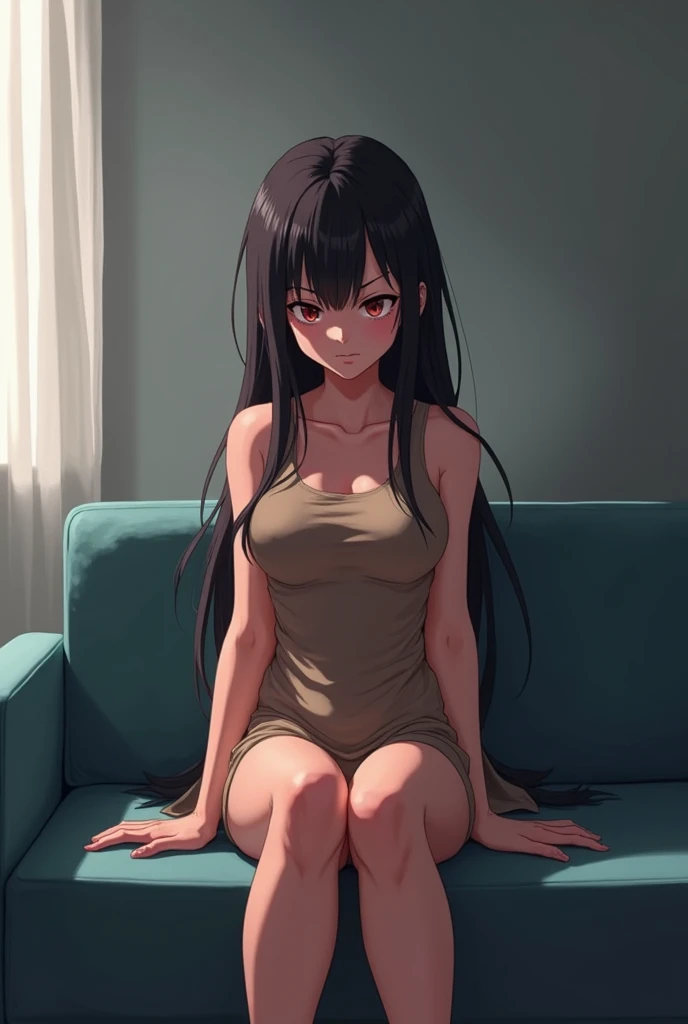 Anime woman sitting on the couch irritated and jealous.