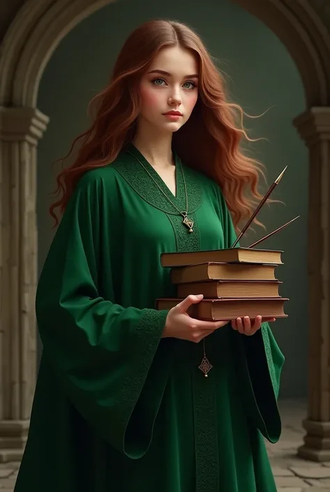 pretty slytherin girl with hair brown hair holding books and a wand 