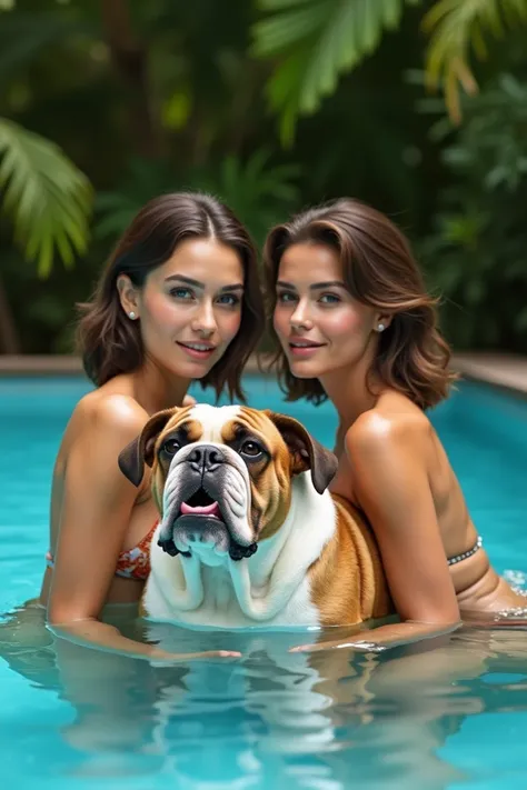 beautiful Ukrainian models posing in the swimming pool with one bull dog