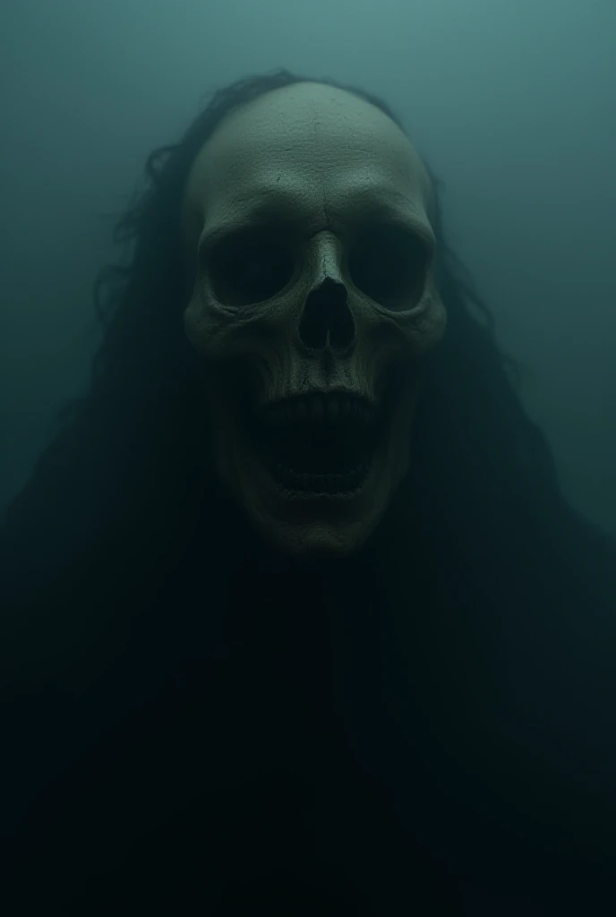 A close up of a dry and horrible face looking like bones and deep eyes,  whistling amidst heavy fog and dark scenery.