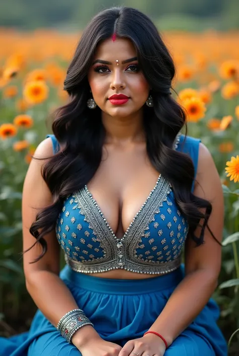 full body view, professional photography, indian bride ((sindoor on hair partings, sindur)), sleeveless blouse, deep cleavage, big bimbo boobs, blue theme , voluptuous curvy lady, metalictexturel, sitting, looking at the camera,the detail,Complex patterns,...