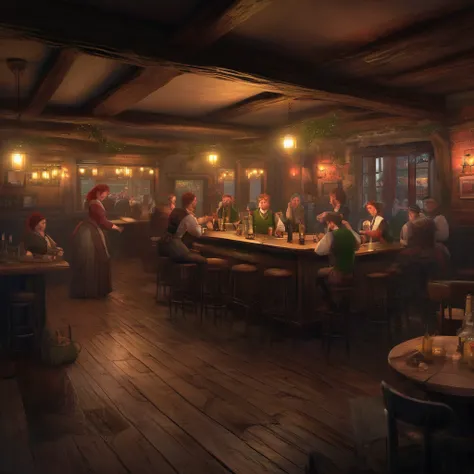 A dimly lit Irish pub in the 1800s, weathered patrons swigging pints of ale, lovely redheaded barmaids in nice dresses with exposed bosoms, celebrating New Years, (best quality,4k,8k,highres,masterpiece:1.2),ultra-detailed,(realistic,photorealistic,photo-r...