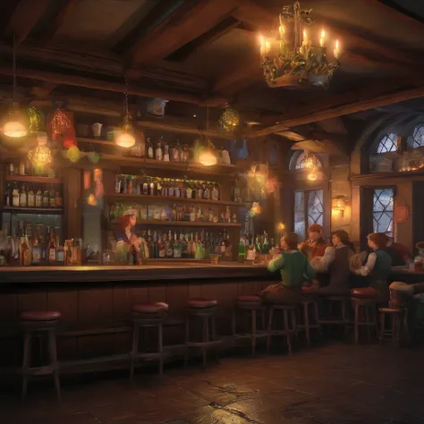 A dimly lit Irish pub in the 1800s, weathered patrons swigging pints of ale, lovely redheaded barmaids in nice dresses with exposed bosoms, celebrating New Years, (best quality,4k,8k,highres,masterpiece:1.2),ultra-detailed,(realistic,photorealistic,photo-r...