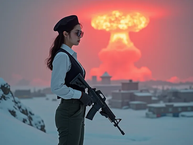 photograph. a  Korean girl wearing aviator sunglasses, a black beret, white dress shirt, and military vest is standing on a snowy cliff overlooking a military base in antarctica. the sky is a glowing red and the sky has a red haze. there is a mushroom clou...