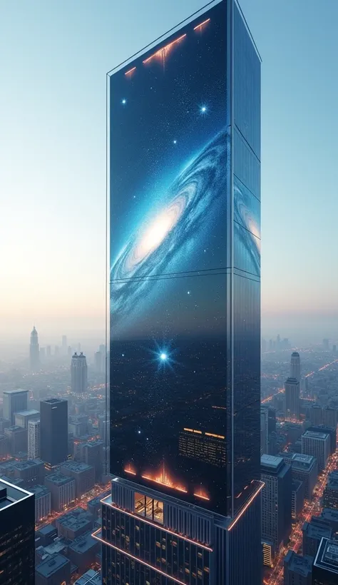  monitor screen of a large city building、Impressive images of space reflected、４d、Looks floating、s greatest masterpiece、8ｋ