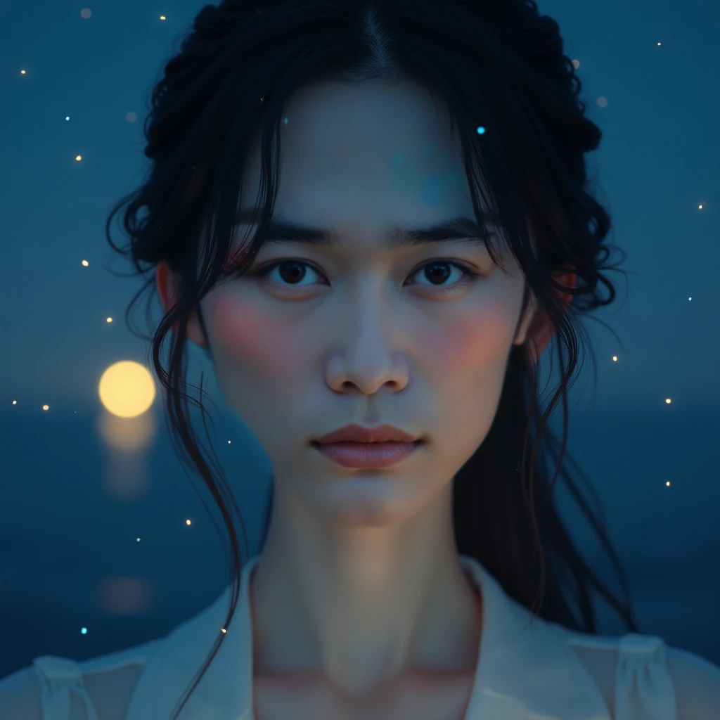 Beautiful Asian woman with glass eyes on the background of the night sky and a little yellow light