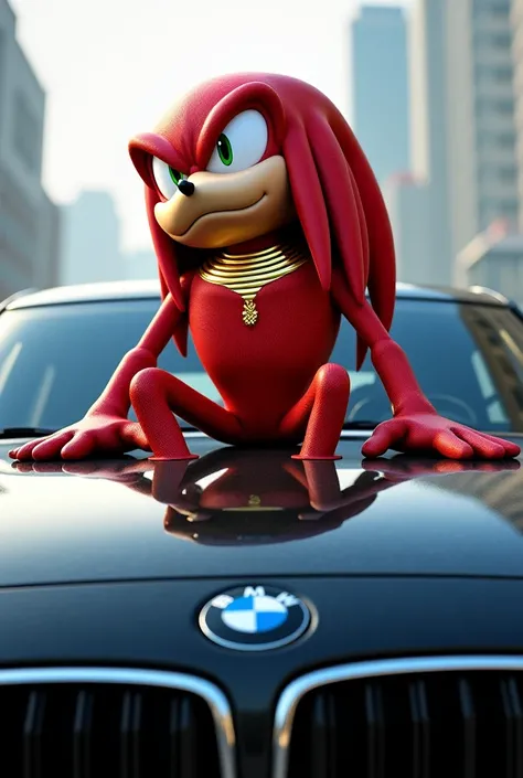 Sonic Knucles sitting on the BMW bonnet ,with gold cord around the neck