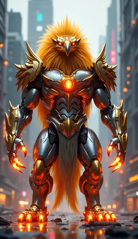 A massive fighting hybrid of an eagle and lion, standing in a futuristic world, with a metallic silver body featuring golden and crimson accents, glowing feathers and mane. The environment is a futuristic cityscape with neon lights, towering skyscrapers, a...