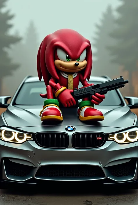 Sonic Knucles sitting on the BMW bonnet,with a gold cord around the neck and a glock with an elongated comb in the hand