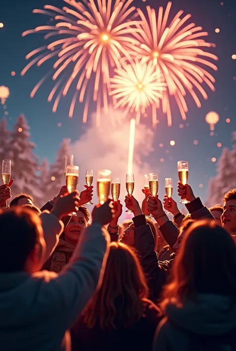 Many happy people on New Years Eve with glasses of champagne with fireworks and fireworks in the sky in winter