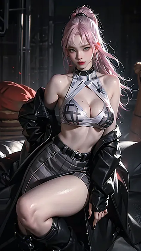   photograph, live action , live action , Her G-cup bust spills out of tight fabric . woman, Pink Grey Hair , Green Eyes, wearing a black crop top shirt, Long Black Jacket , red check skirt , ( black knee-high boots), black fingerless gloves , exposed shou...