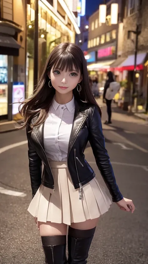 bloomer skirt、 Thigh High Heel Boots 、 pull zip leather jacket 、 1 girl、Medium breast、 firm, tight body、 brown hair、Earrings、Raw photo quality、8k、 top quality 、s greatest masterpiece:1.2、 super detailed depiction power :1.2、 detailed background、 station pa...