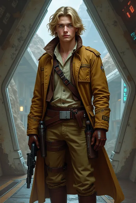 star wars smuggler, ship background, 1 male, blond hair, blue eyes, holding blaster with one hand, no beard, older teen, lightsaber hilt on belt, more rounded jaw line, 