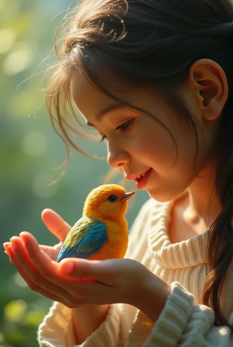 A beautiful little bird in the hands of its owner who is playing and feeding