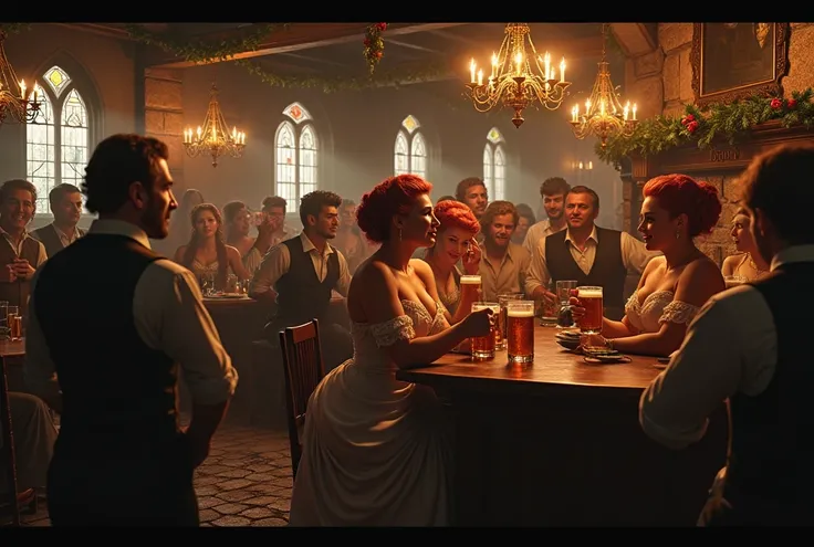 A dimly lit Irish pub in the 1800s, weathered patrons swigging pints of ale, lovely redheaded barmaids in nice dresses with exposed bosoms, celebrating New Years, (best quality,4k,8k,highres,masterpiece:1.2),ultra-detailed,(realistic,photorealistic,photo-r...