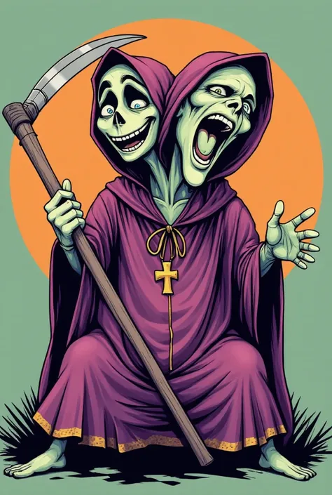 A comic-style Grim Reaper with a two-headed design, each head showing a different, comical expression. One head is cheerful and laughing, while the other looks confused or surprised. The Reapers body is short and chubby, and his scythe is held awkwardly. T...