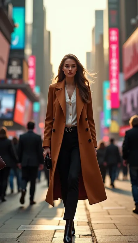 A woman walking confidently down the street is in the center of a busy city, and her presence radiates admiring glances.