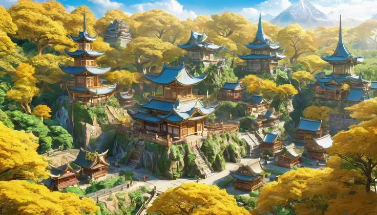 An exceptional masterpiece, 16k,  super detailed ,  close to perfect , ( manga style :1.3) | Enormous Magic  (エルフのworld tree)  Ancient City of Elves . | world tree (expensive),  Branches Grow Toward the Sky 、 is shining. (( Golden Leaves Giving Soft and Fa...